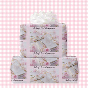 Papier Cadeau First Communion Pink Girl's Add Name