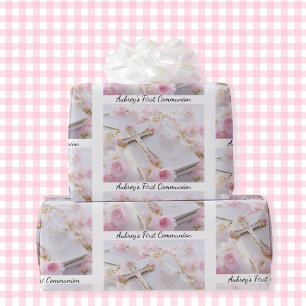 Papier Cadeau First Communion Rose Girl's Ajouter Nom Blanc