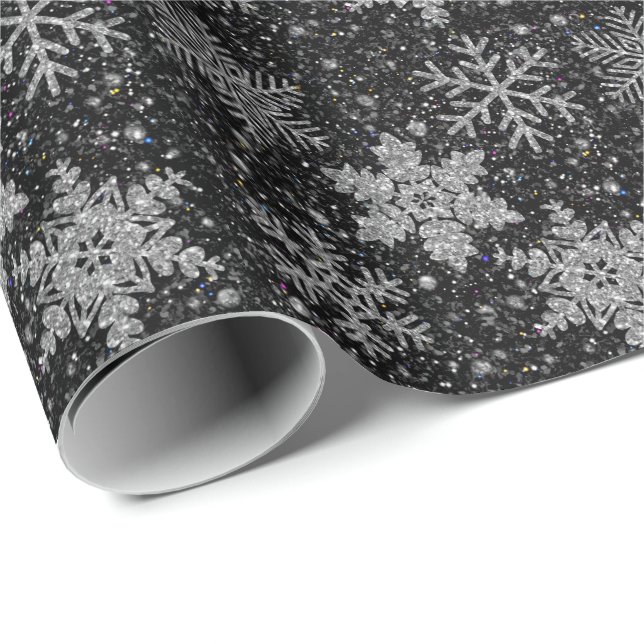 Papier Cadeau Flacons de neige brillants en argent de Noël (Coin rond)