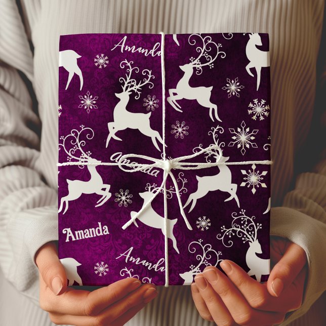 Papier Cadeau Flacons de neige de rennes mignons violet de Noël (Créateur téléchargé)
