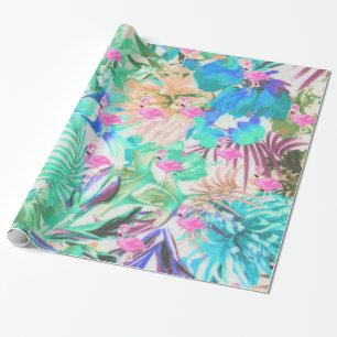 Papier Cadeau Flamant floral rose turquoise tropical à la mode