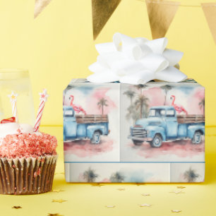 Papier Cadeau Flamant rose Aquarelle En Camion Blue Retro
