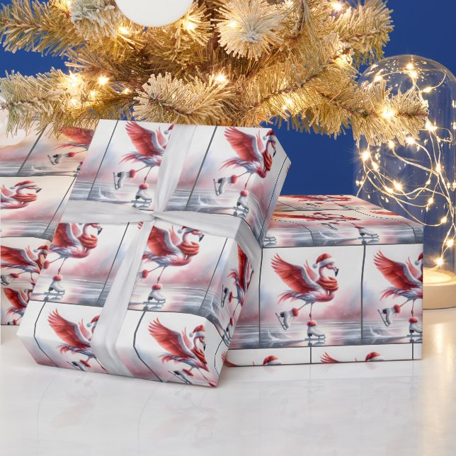 Papier Cadeau Flamant rose de Noël Patinage sur glace (Vacances)
