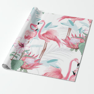 Papier Cadeau flamant rose et fleurs exotiques, feuilles de palm
