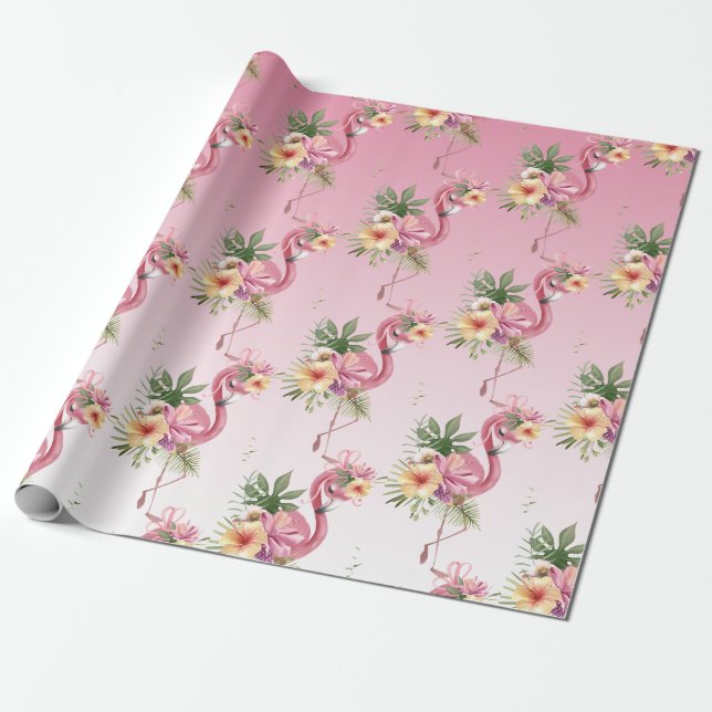Papier Cadeau Flamant rose floral rose (Déroulé)