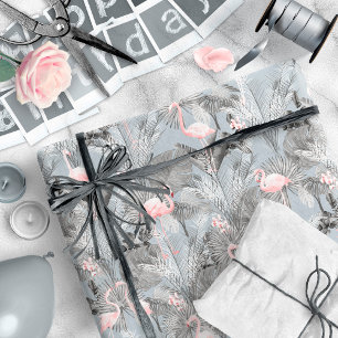 Papier Cadeau Flamant rose Orchidée Tropical Motif Grey ID868