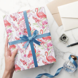 Papier Cadeau Flamant rose rose dans les fleurs motif fête enve