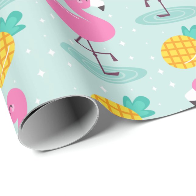 Papier Cadeau Flamant rose rose et ananas d'été de l'océan (Coin rond)