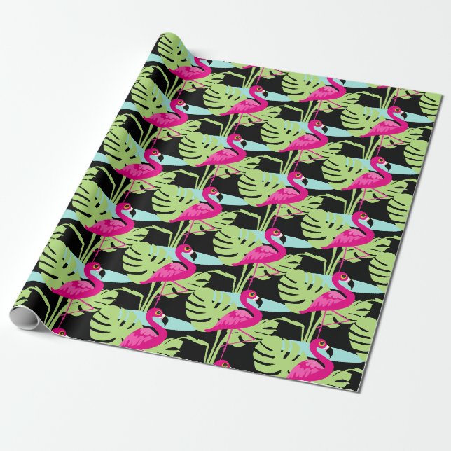 Papier Cadeau Flamant rose rose  motif graphique papier d'emball (Déroulé)