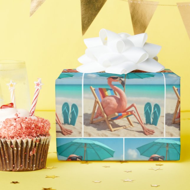 Papier Cadeau Flamant rose Sur Transat De Plage (Fête d'anniversaire)