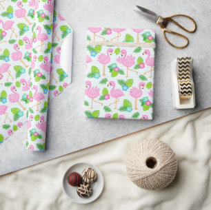 Papier Cadeau Flamant rose tropical d'été et modèle floral