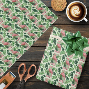 Papier Cadeau Flamant Rose Tropical Feuilles de Palmier Vert Lys
