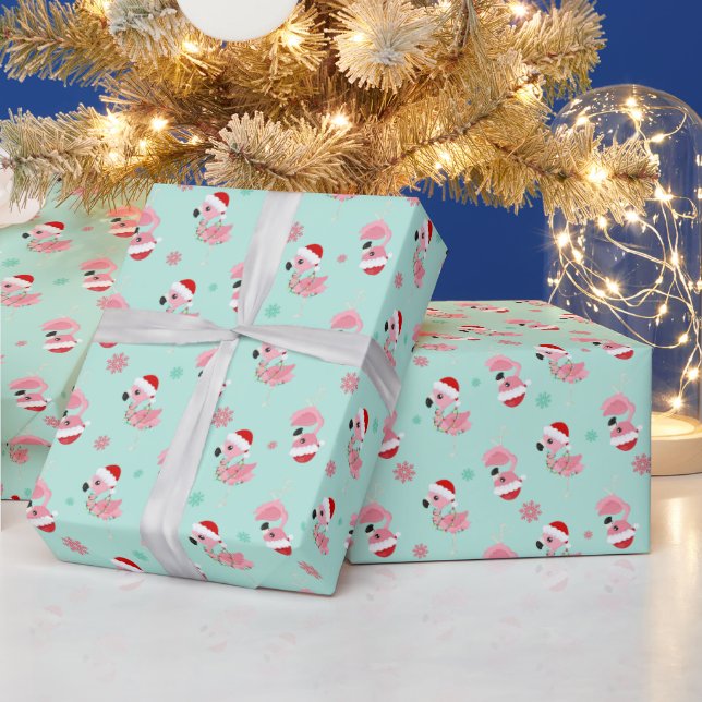 Papier Cadeau Flamants roses de Noël à Santa Hats sur Vert (Vacances)