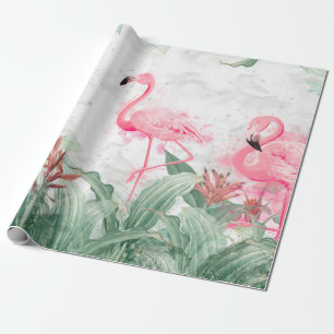 Papier Cadeau flamants roses en plantes tropicaux sur un dos tex