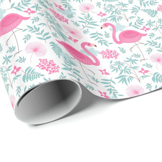 Papier Cadeau Flamants roses et fleurs tropicales Motif d'illust (Coin rond)