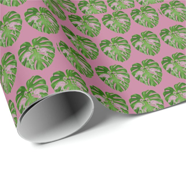 Papier Cadeau Flamants roses roses chauds Flamant rose Monstera (Coin rond)