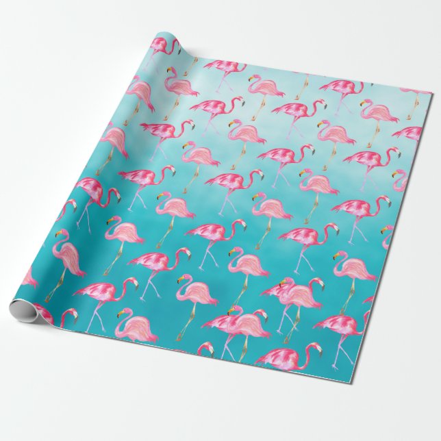Papier Cadeau Flamants roses roses & Mer bleu turquoise (Déroulé)