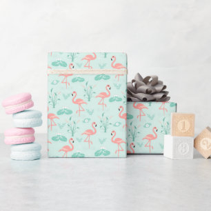 Papier Cadeau Flamants Roses Verts Oiseaux Tropicaux
