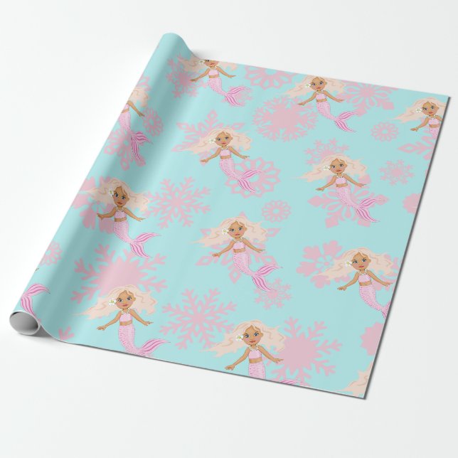 Papier Cadeau Flamme de Noël rose Fille Bleue Flamme de neige (Déroulé)