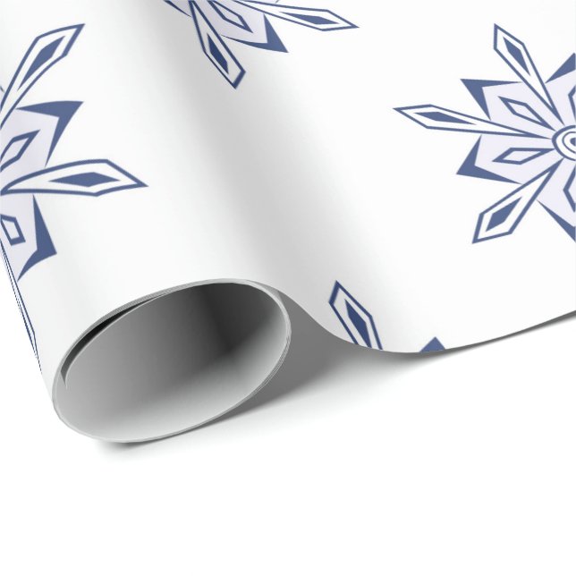 Papier Cadeau Flammes de neige bleues de Noël en blanc (Coin rond)