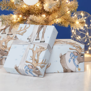 Papier Cadeau Flammes de neige de Noël Bleu Cerf