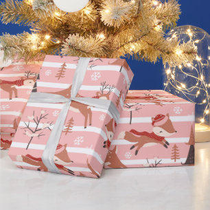 Papier Cadeau Flammes de neige de rennes Arbres Noël rose et bla