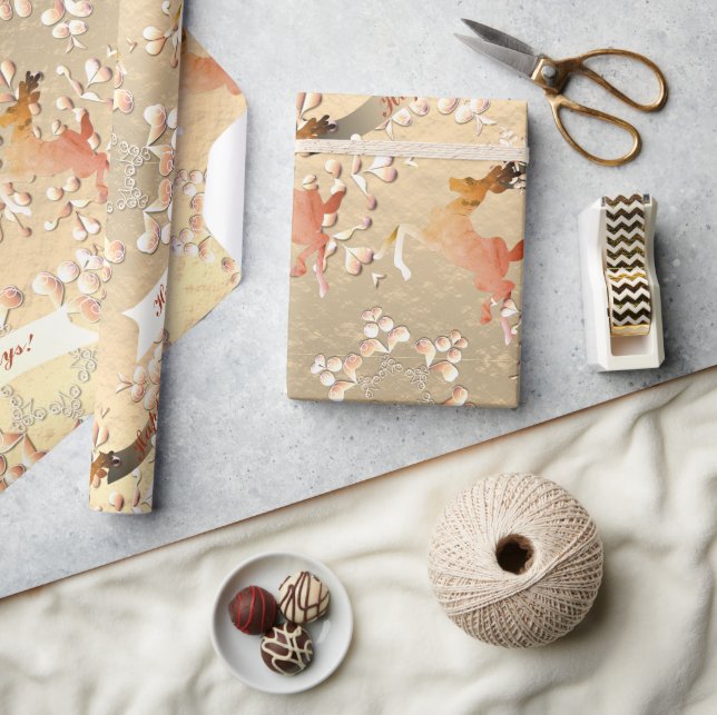 Papier Cadeau Flammes de neige de rennes sur le Rose d'or (Artisanat)