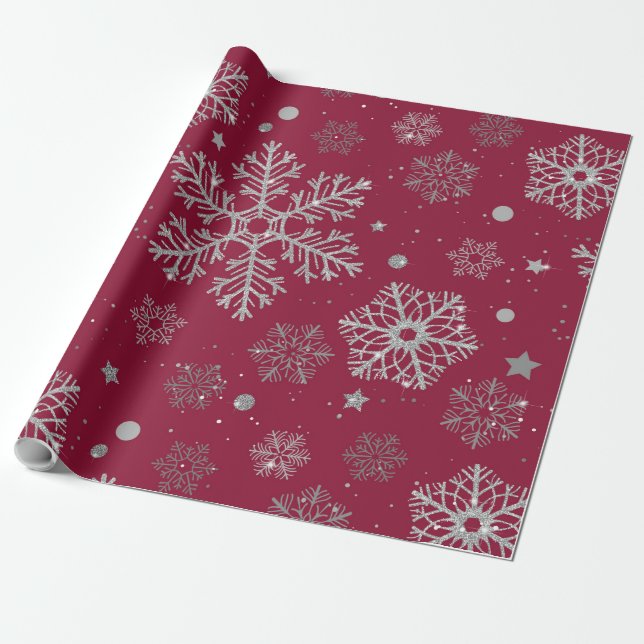 Papier Cadeau Flammes de neige en argent sur rouge foncé (Déroulé)