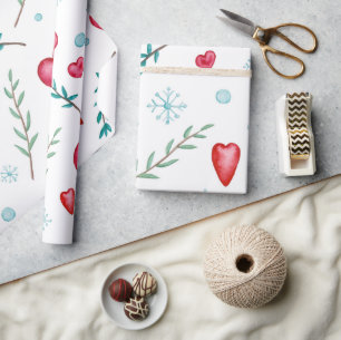 Papier Cadeau Flammes de neige et Coeurs rouges de Noël