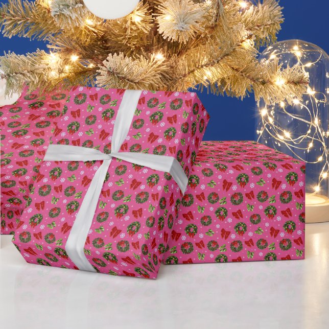 Papier Cadeau Flammes de Noël à billes de neige rose Noël (Vacances)