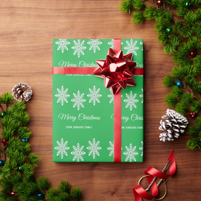 Papier Cadeau Flèches de neige de Noël blanc Joyeux Noël vert (Cadeau de vacances)