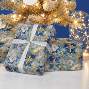 Papier Cadeau Flèches de Noël Bleu Or Blanc