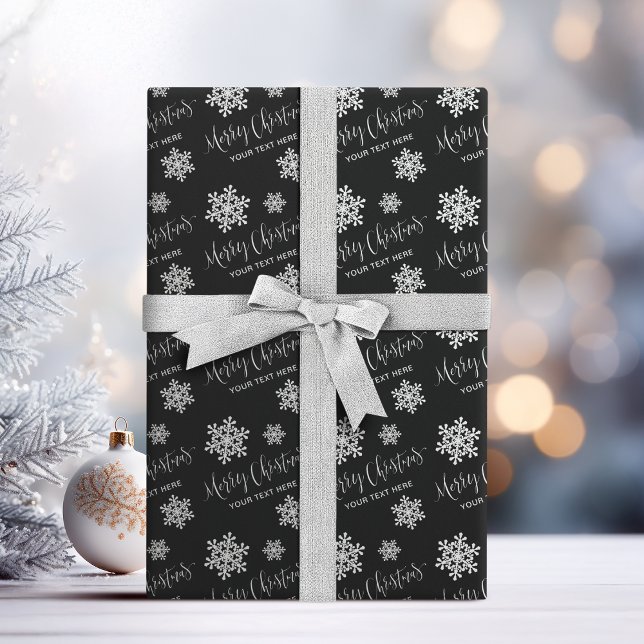 Papier Cadeau Flèches noires Joyeux Script de Noël Personnalisé (Black Snowflakes Merry Christmas Script Custom Wrapping Paper)