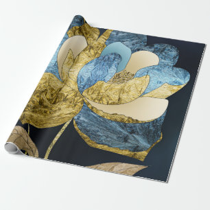 Papier Cadeau Fleur Abstraite bleue et or avec pétales texturés