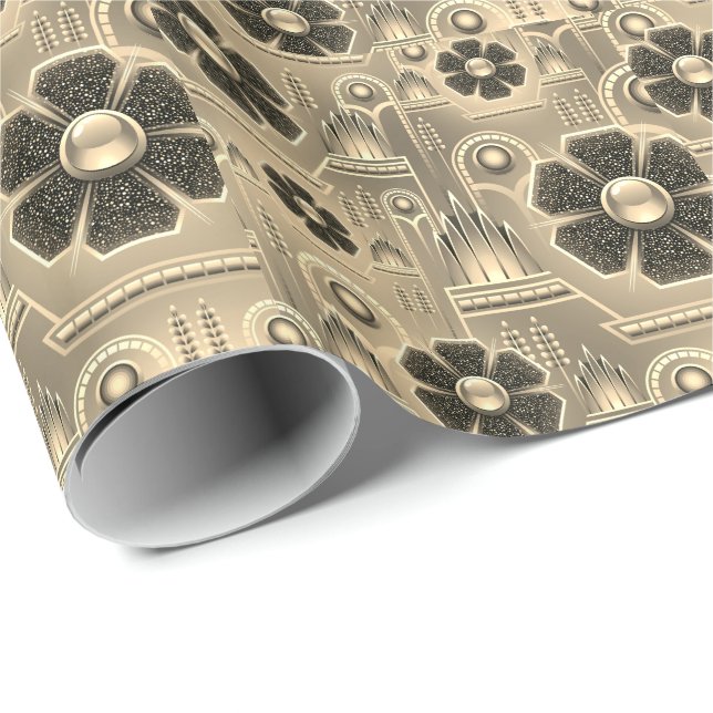Papier Cadeau Fleur Art déco motif géométrique or brun (Coin rond)