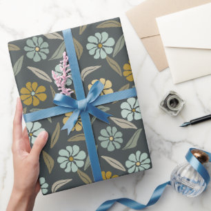 Papier Cadeau Fleur bleu et jaune rétro