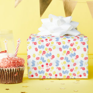 Papier Cadeau Fleur Bleue Oiseau Rouge Jaune Scandi Ditsy