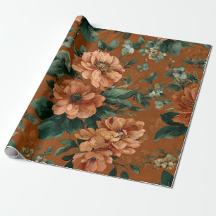 Papier Cadeau Fleur botanique verte orange brûlé rustique gras