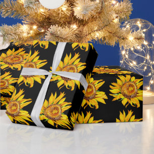 Papier Cadeau Fleur d'aquarelle de tournesol noir