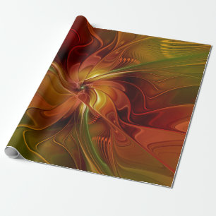 Papier Cadeau Fleur d'art fractal abstraite rouge orange marron 