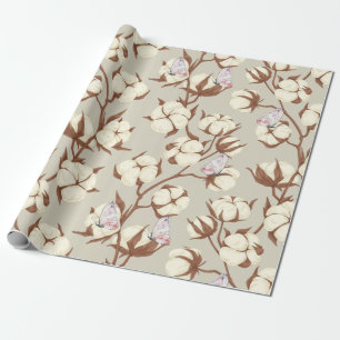 Papier Cadeau Fleur de coton Pastel et papillons Botanique 