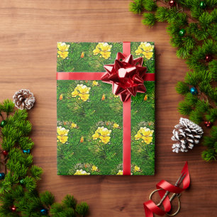 Papier Cadeau Fleur de Freesia Jaune sur Feuilles verts