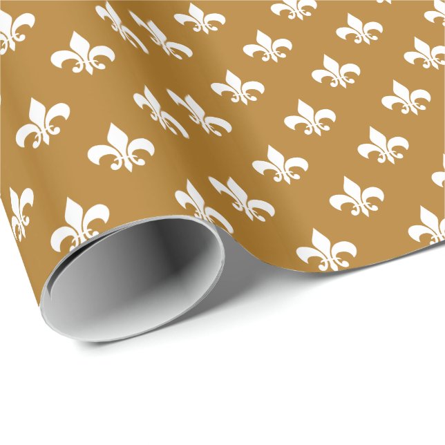 Papier Cadeau Fleur-de-lis blanche sur fond or mat (Coin rond)