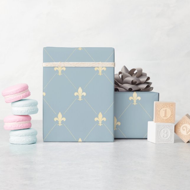 Papier Cadeau Fleur-de-Lis d'or sur Dusky Blue (Baby Shower)