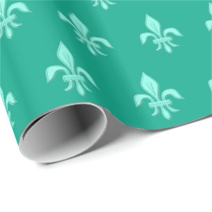Papier Cadeau Fleur de Lis en Aqua léger sur la turquoise