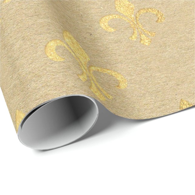 Papier Cadeau Fleur de Lis Kraft Gold Natural Royal Minimal (Coin rond)