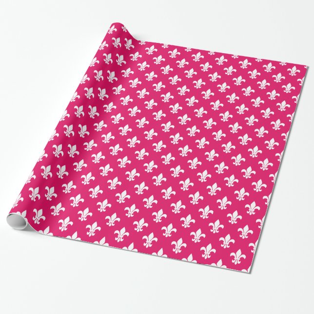 Papier Cadeau Fleur de Lis Motif blanc framboise (Déroulé)