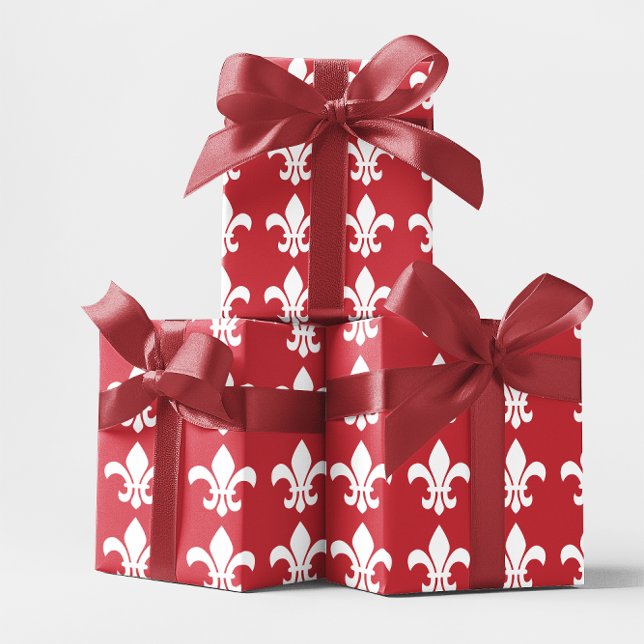 Papier Cadeau Fleur de Lys rouge et blanc (Red and White Fleur de Lys Wrapping Paper)