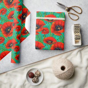 Papier Cadeau Fleur de pavot motif rouge vert jour commémoratif