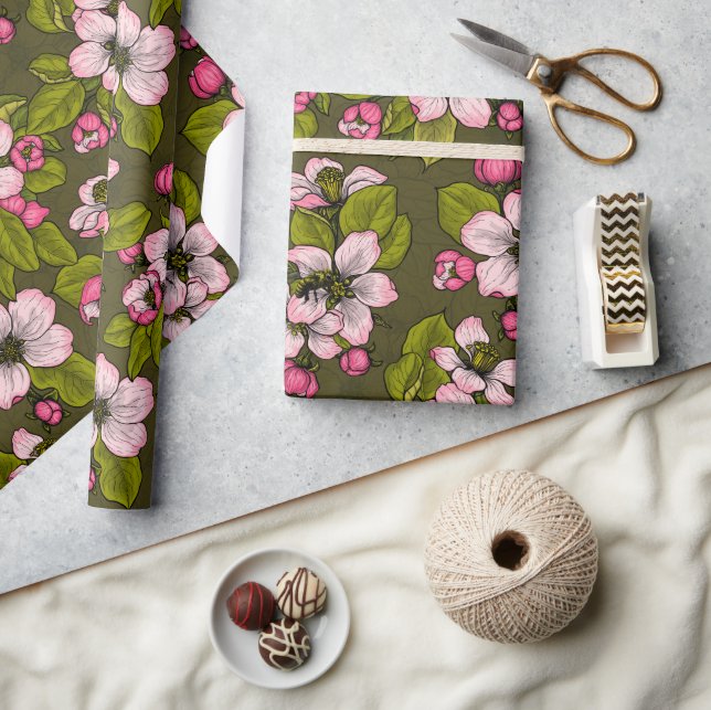 Papier Cadeau Fleur de pomme sur vert foncé (Artisanat)